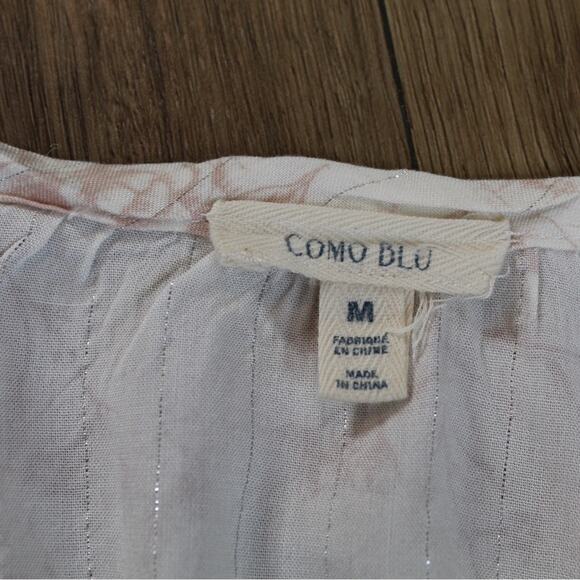 Como Blu Boho Peasant Blouse Cream Pink Floral Tie Neck Top M - Picture 3 of 5